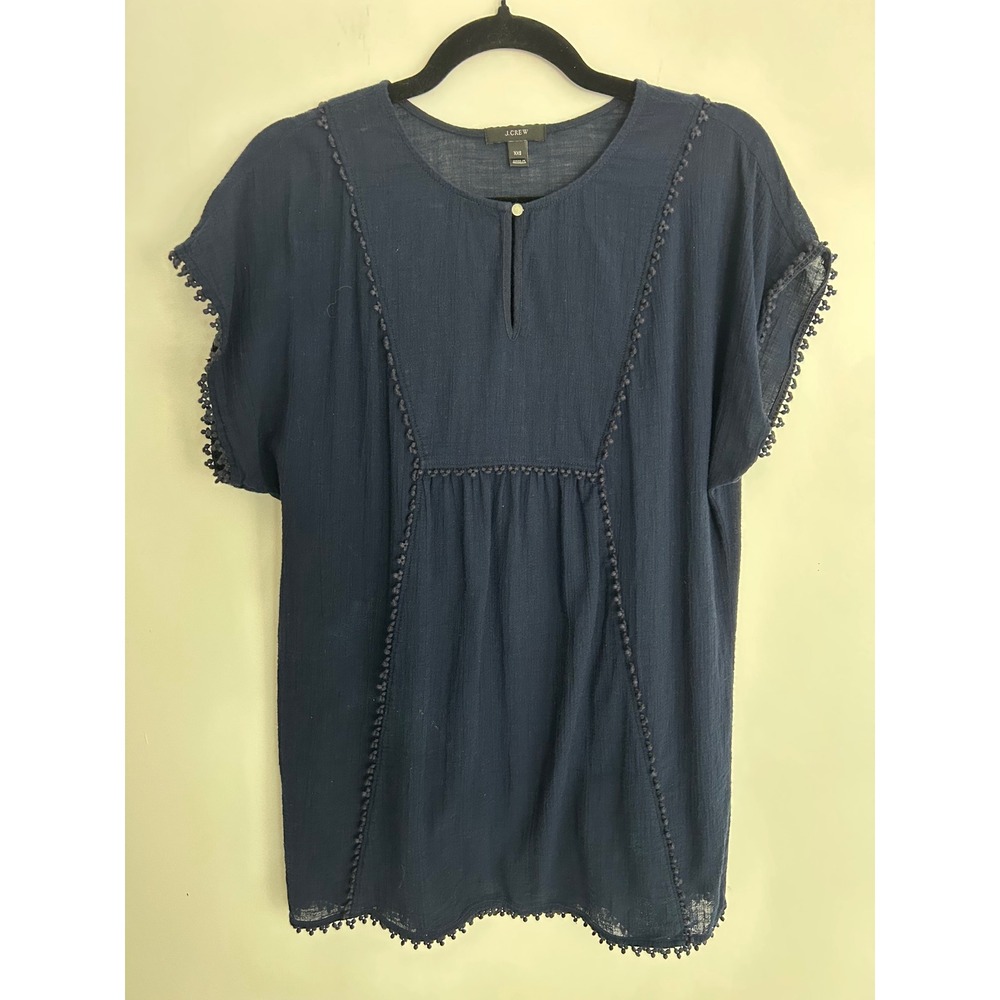 J.Crew Navy Blue Cotton Gauze Pom Pom Trim Keyhole Top XXS A2120 - Picture 10 of 10